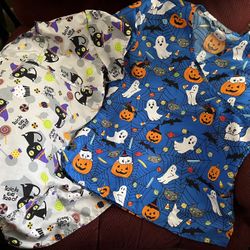 Two Halloween Scrub Tops Size M