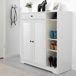 Modern Slim Shoe Cabinet Freestanding Shoe Rack Organizer with 2 Shutter Door Entryway Narrow Shoe Storage with Adjustable Storage Shelf & Top Drawer 