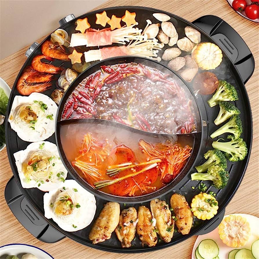 Hot Pot with Grill, 2000W 2 in 1 Electric Hot Pot Grill Cooker with Dual Temperature Control for 1-8 People, Multi-function Smokeless Shabu Korean BBQ