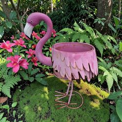 Pink Flamingo Rustic Weathered Metal Garden Decor Lawn Statue Planter. Has rust, sturdy. 19x12x32in