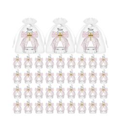 Holy Water Bottles Catholic Bulk Glass Baptism Favors for Guests Christian Water Container with Cross Organza Bags Bow for Holy Communion Gifts Church