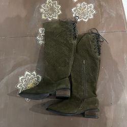 Olive Green Genuine Leather Laser Cut Boots Size 7
