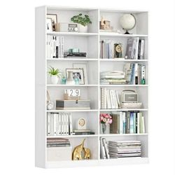 74.3” Double Wide 6-Tier Bookcase, Extra Large Wooden Freestanding Display Bookshelf for Home Office Living Room, White