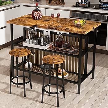 E145 $95 Kitchen Island with Seating & Storage Shelf, Wooden Island Table for Kitchen, Modern Bar Table and Chairs Set for 2,Dining Table Set for Sma