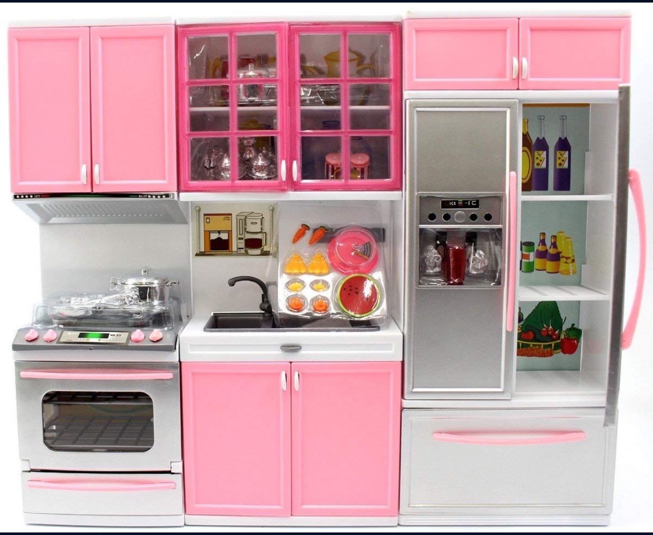 Doll-Sized Pink Modern Kitchen Playset Battery-Operated Height: 12.5”, Width: 15”