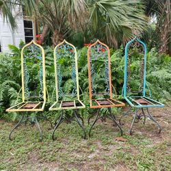 Antique Four Piece Gothic Ogee Arch Swivel Colorful Metal Chairs, Unique.