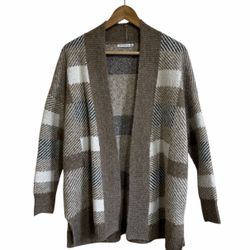 Staccato Plaid Cardigan Sweater Open Front Knit Duster Cozy Brown Size S