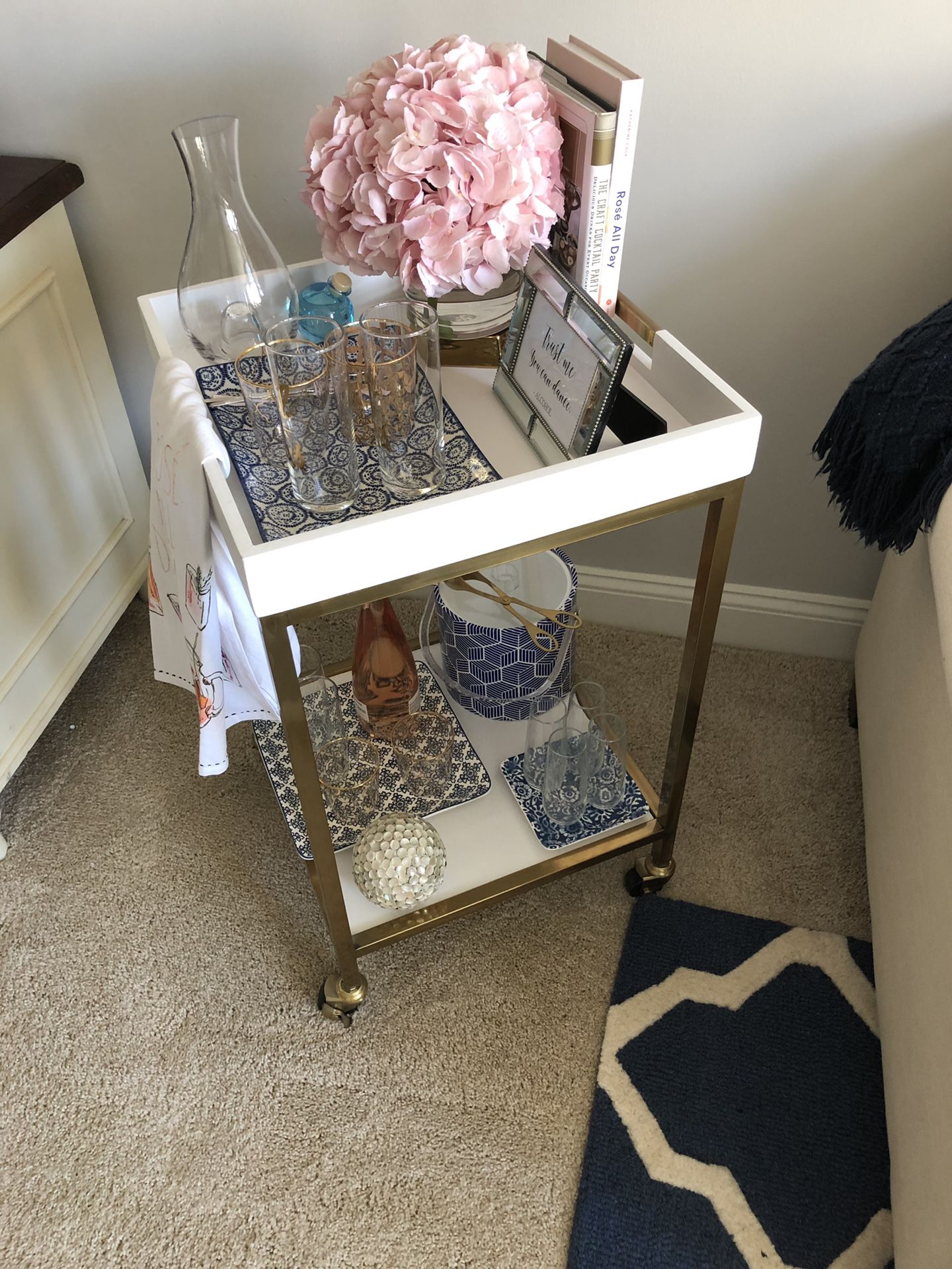 White Bar Cart with Gold Trim