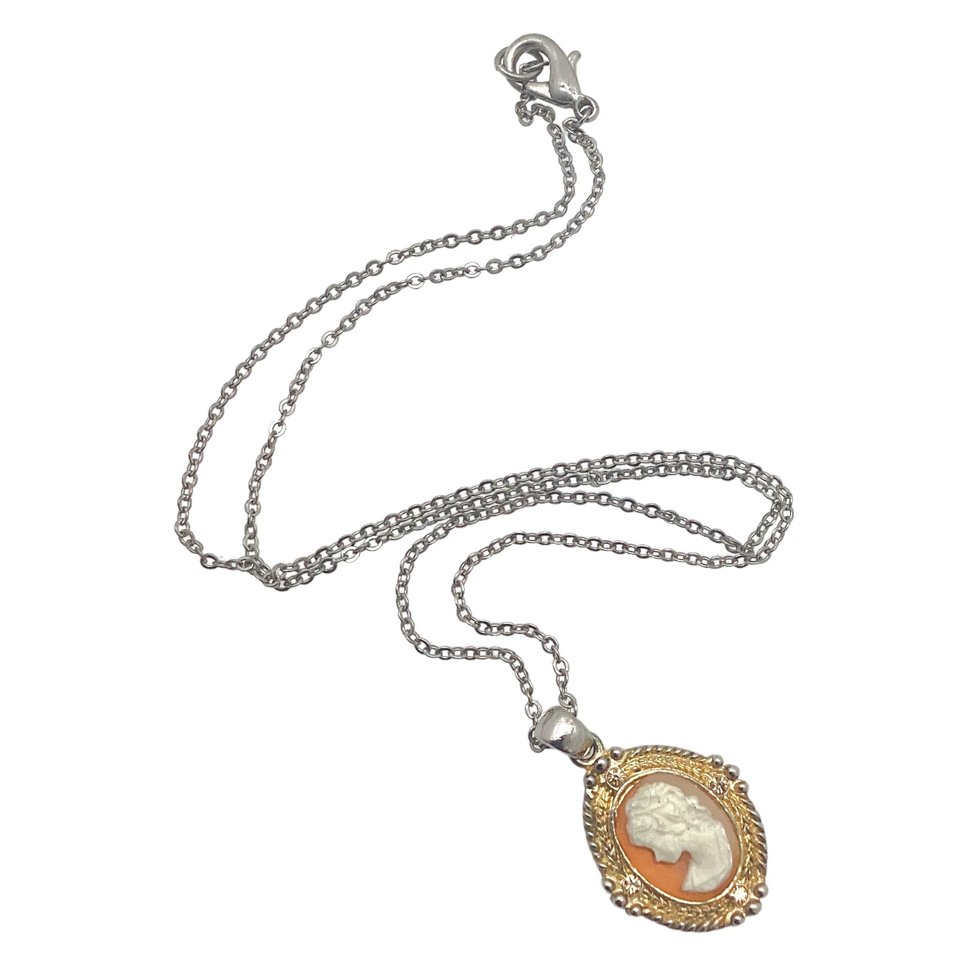 1990s Cameo Pendant Necklace, 18 in, Regency Victorian Style, Silver Tone, Clear Rhinestones, Resin, Decorated Frame, Choker Collar