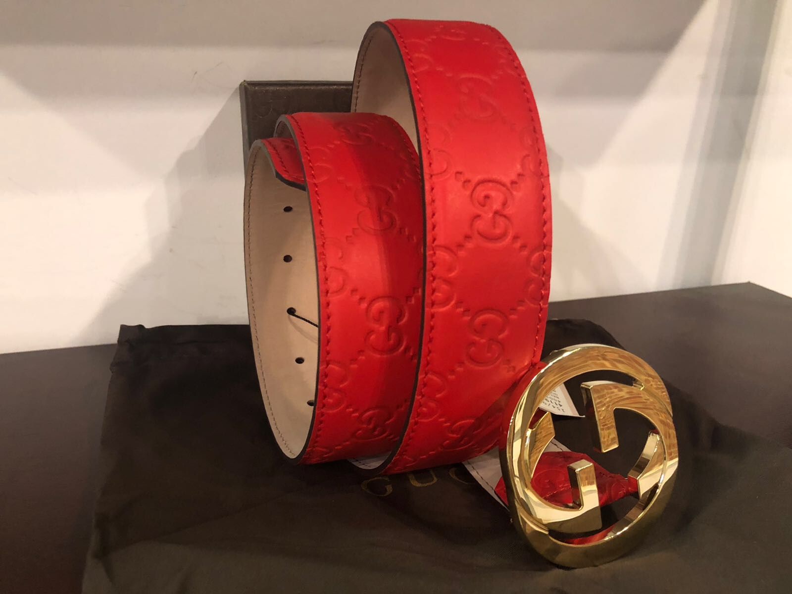 Gucci guccissima Classic Belt Red color and Gold Buckle New