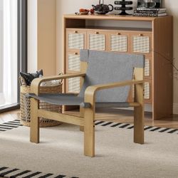 Mid-Century Modern Linen and Solid Wood Accent Chair with Wide Armrest