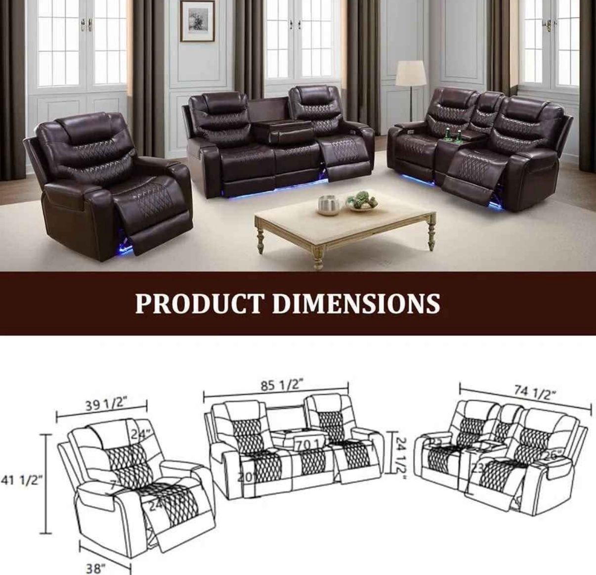 New Brown Power Reclining 3 Pc Set — Sofa • Loveseat • Chair