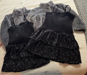 Black sequin dress with fancy fur grey jacket