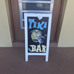 A-Frame Tiki Bar Sign With Blank Chalkboard On Reverse Side, Wooden Frame, Comes With New Box Of Chalk 32" X 16"