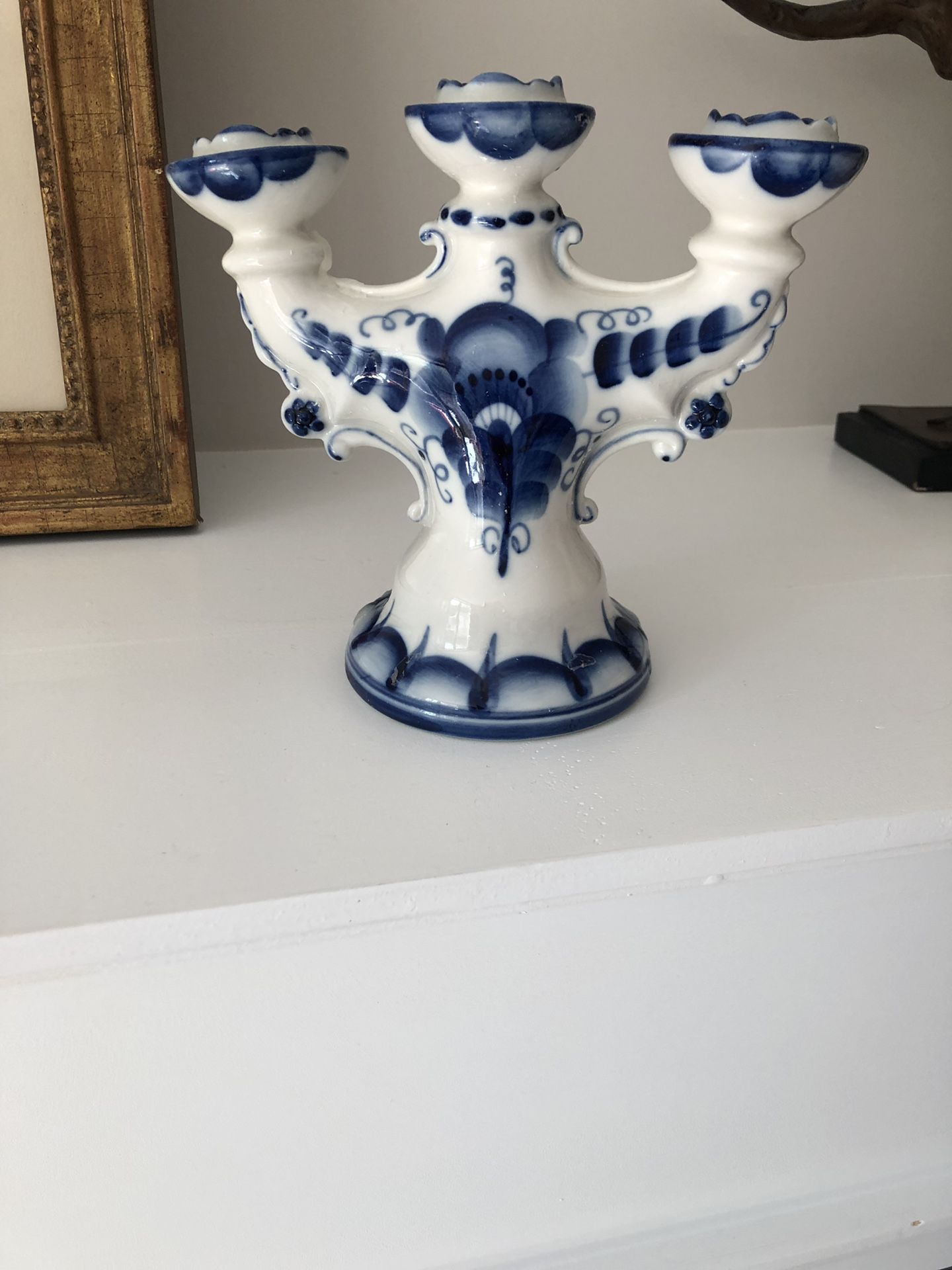 Russian Gzhel Porcelain Candelabra—late 80s