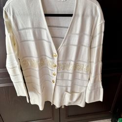 VINTAGE Escada Cream & Beige Shimmer  Gold Stripe Knit Cardigan