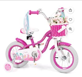 Kids Bike, 12  Inch Mermaid Theme Toddler Children Bicycle for Girls with Training Wheels Basket Streamers Adjustable Handlebar Seat Coaster Brake