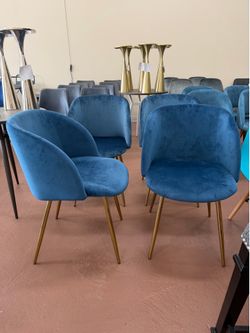 (4) Blue Velvet Gold Accent Chair Dining