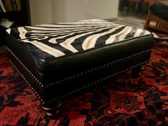 BURCHELL ZEBRA HIDE SKIN & LEATHER OTTOMAN