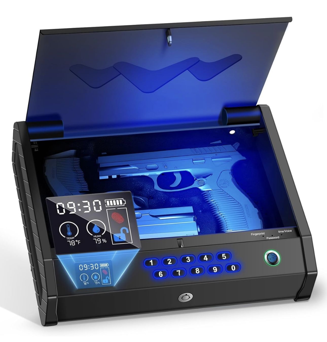 Gun Safe, Biometric Gun Safes for Handgun with LCD of Temp Humidity Battery, USB-C Port, Fingerprint Quick Access Pistol Safe for Home Bedside Nightst