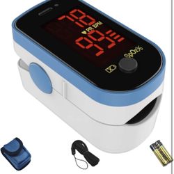 Finger Pulse Oximeter - Blue Blood Oxygen Monitor with Batteries - Portable O2 Saturation Sensor in Carry Pouch