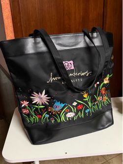 Home Interiors Black with colorful embroidered garden motif Large Tote