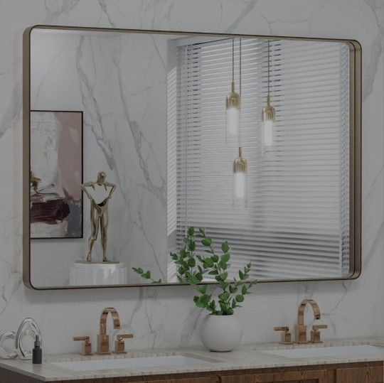 LOAAO 48”X32” Bronze Bathroom Mirrors for Vanity, Rounded Rectangle Brushed Bronze Metal Frame Mirror, Anti-Rust, Tempered Glass, Hangs Horizontally o