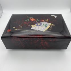 Vintage Japanese Black Jewelry Box with a Mirror, Fan Design Hinged Box.