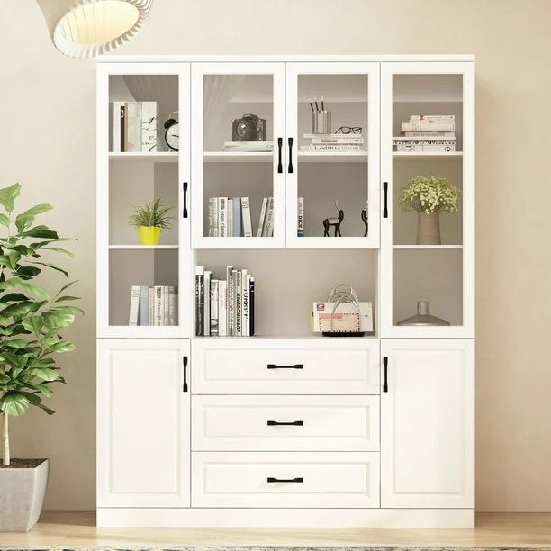 KULAGAGA Large Bookcase Display Cabinet with Glass Door, 6-Door Kitchen Pantry Storage Cabinet with 3 Drawers and Open Shelf for Living Room, White