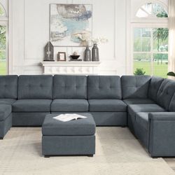 145" Gray Woven 9-Seater Sectional Sofa with Ottomans