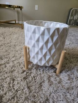 White Ceramic Planter with Wood Stand