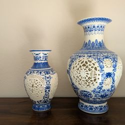 ​Set of 2 Blue & White Reticulated Porcelain Vases - Chinese Pierced Lattice Design - Large & Medium