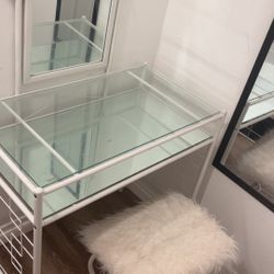 Vanity Table, Mirror, And Faux Fur Chair