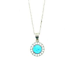 Blue Fire Opal Halo Pendant Necklace Sterling Silver Adjustable 16-18 Inch Chain