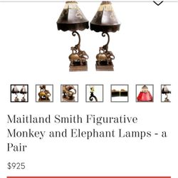 Maitland Smith Figurative Monkey and Elephant Lamps - a Pair