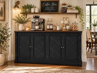 Buffet Cabinet with Storage, 4 Barn Doors, Black Large Sideboard Cabinet with Adjustable Shelves, Wood Coffee Bar Station for Kitchen, Living Room
