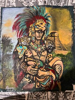 Original Aztec Warrior Acrylic Painting Signed OBO