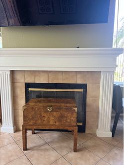 Vintage burl wood blanket chest on stand with brass hardware