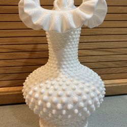 Vintage White Milk Glass Face. Hoppel With Rough Top. 10.5 Inches Tall, 6 Inches Wide, 4 Inch Base.