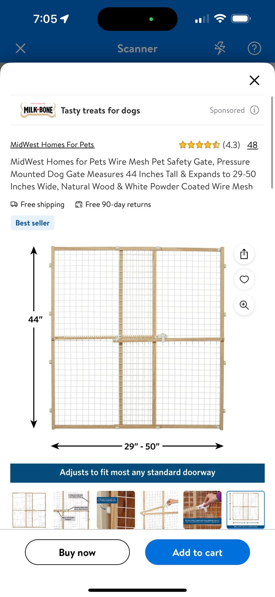MidWest Homes for Pets Wire Mesh Pet Safety Gate, Pressure Mounted Dog Gate Measures 44 Inches Tall & Expands to 29-50 Inches Wide, Natural Wood & Whi