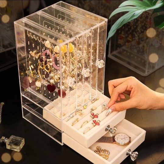 Clear, Acrylic Earring Holder and Jewelry Organizer with 5 Drawers,Dustproof Jewelry Rack Display Classic