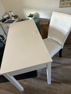 White desk with built-in power strip, white desk, chair, and white file cabinet matching White desk with built-in power strip, white desk, chair, and 
