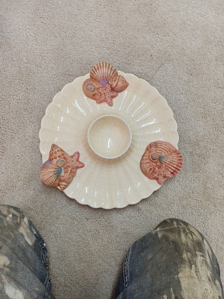 Omnibus Hand Painted Platter Seashells Beach Chips and Dip Shrimp Cocktail 14"