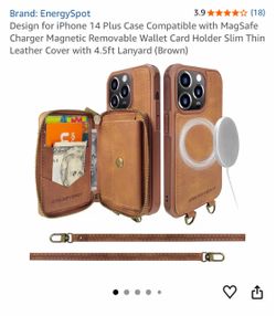 Design for iPhone 14 Plus Case Compatible with MagSafe Charger Magnetic Removable Wallet Card Holder Slim Thin Leather Cover with 4.5ft Lanyard (Brown