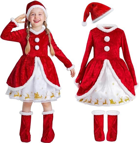 Ikali Kids Holiday Santa Clause Costume Christmas Dress Size For 7-8 Years Girl.