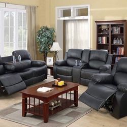 Brand New Black 3-pc Manual Recliner Set In Bonded Leather 