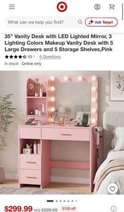 35" Pink Vanity Desk with LED Lighted Mirror