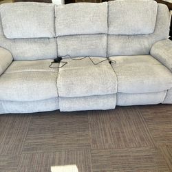 91” Wide Beautiful Gray Fabric Power Reclining Sofa With USB Charging Ports 