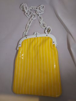 Vintage Yellow Vinyl Pinstripe Purse w/ White Chain Handle