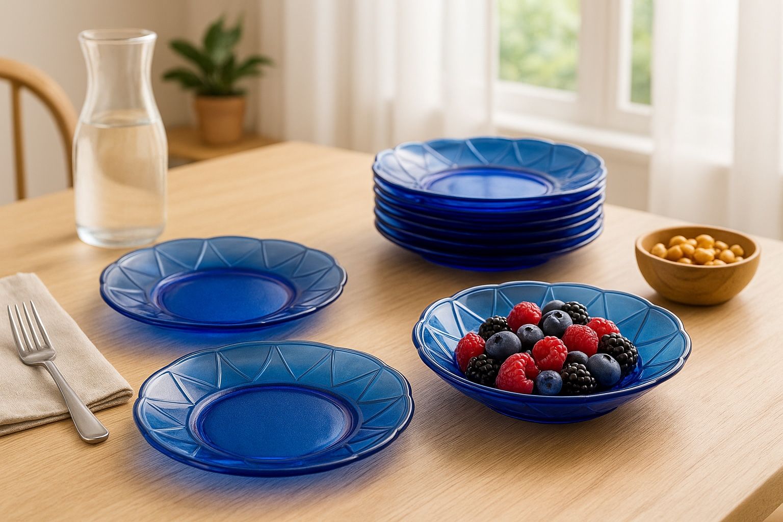 Hazel Atlas 1930s Newport Hairpin Cobalt Blue Dessert Plates Set Of 8, 8.5”